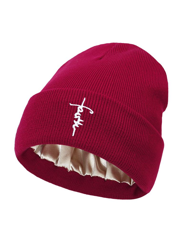 Embroidered Letter Beanies Bonnet For Women&Men 2Layer Silk Satin Lined Anti Static Knitted Hat Autumn Winter SKi Skullies Cap