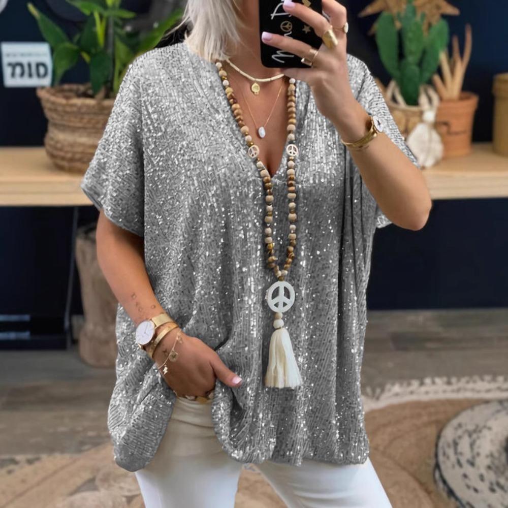 Damen V-Ausschnitt Kurzarm Tunika Oberteil Lockerer Schnitt Lässiges Pailletten Glitzer T-Shirt Für Streetwear Tägliches Urlaubs Outfit