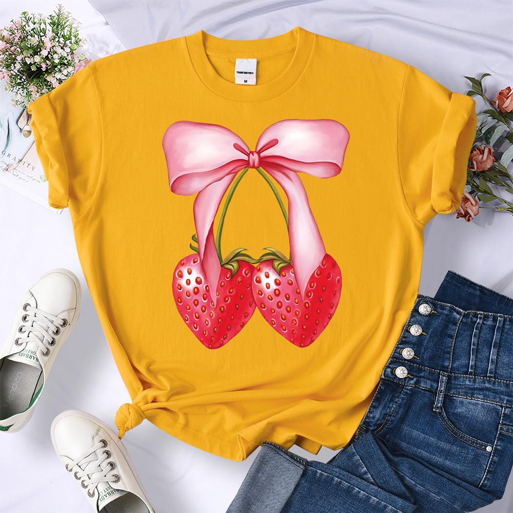 Summer Pink Bow Strawberry Design Pattern 3D Printed T-Shirts Women Crewneck Casual Multicolor Tee Tops Summer Soft Short Sleeve