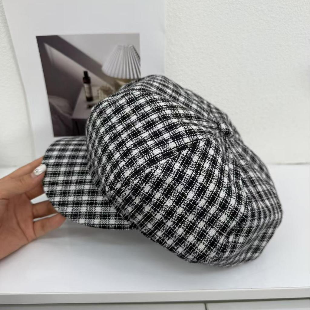 Autumn and Winter Casual Versatile Chess Board Plaid Beret Korean Windproof Face Small Octagonal Hat British Retro Painter Hat