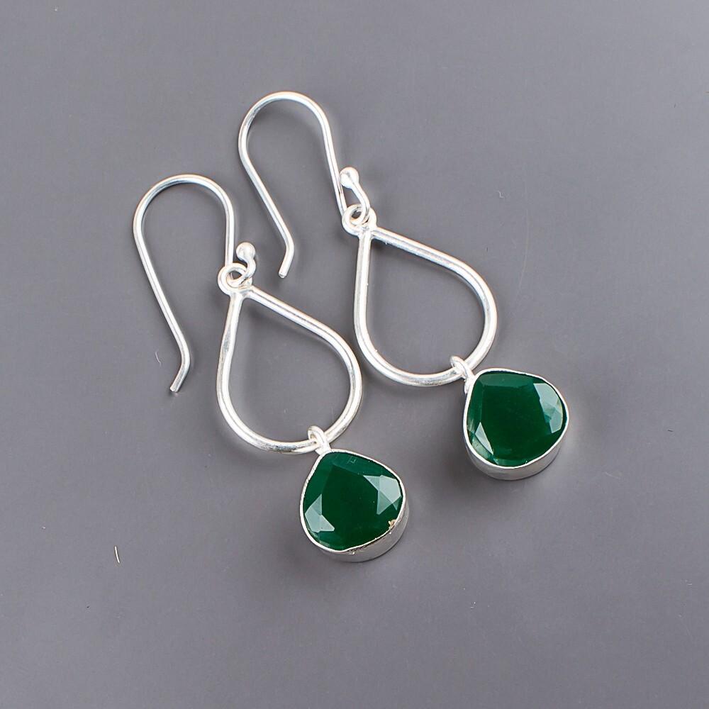 Piatră prețioasă Onix Verde Natural Argint Sterling 925 Bijuterii Cercei Handmade 1.90" EE-19-16