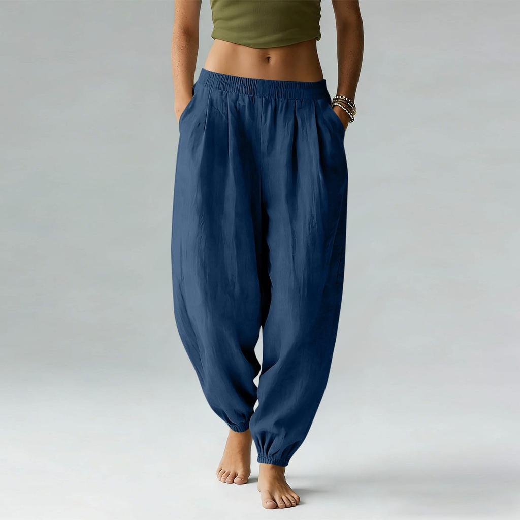 Women's Cotton Linen Pants Casual Elastic Waist Color Jogger Pants Comfy Beach Vacation Trousers With Pockets