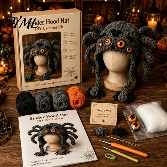 Halloween Theme Crochet Project Highland Cow Hat Kit, Pumpkin Spider Hood Stress Relief Craft Activity DIY Handmade Kit for Adults Teens Creative
