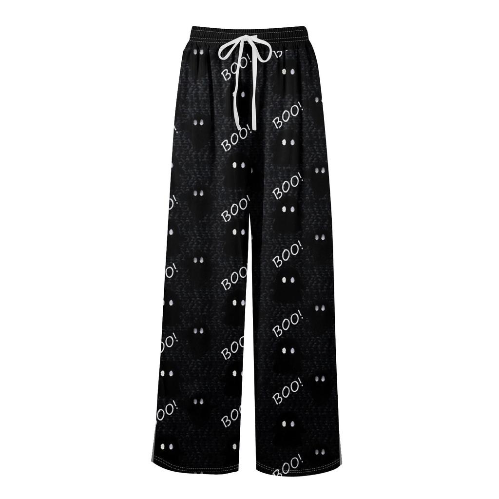 Women Summer Boho Palazzo Pants High Waist Wide Leg Halloween Printing Casual Trousers With Pockets