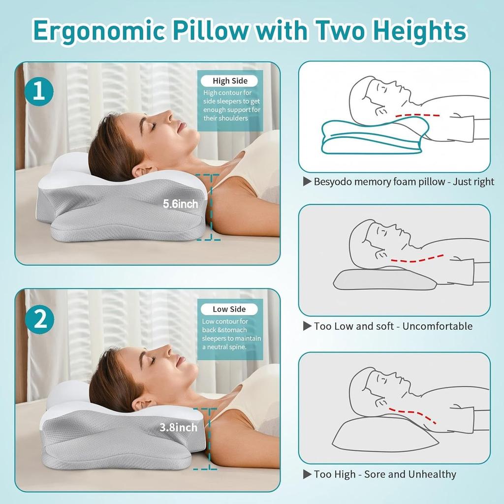 Cervical Pillow for Neck Pain Relief, Ergonomic Neck Pillow for Sleeping Contour Memory Foam Pillows with Cooling Pillowcase, Orthopedic Bed Pillow