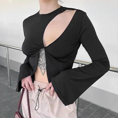 Mode Slim Fit découpé Sexy culture hauts col rond femmes T-Shirt manches évasées t-shirts asymétrique élégant noir T-shirt Blusas 29848