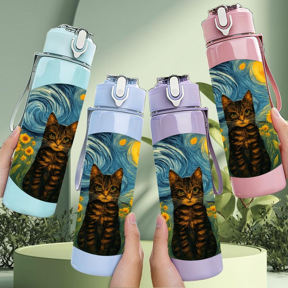 1PC Sunflower Cat Van Gogh Art 750ml Color Plastic Sports Water Bottle Leakproof Flip Straw Lid Suitable for Sports Office Home Use
