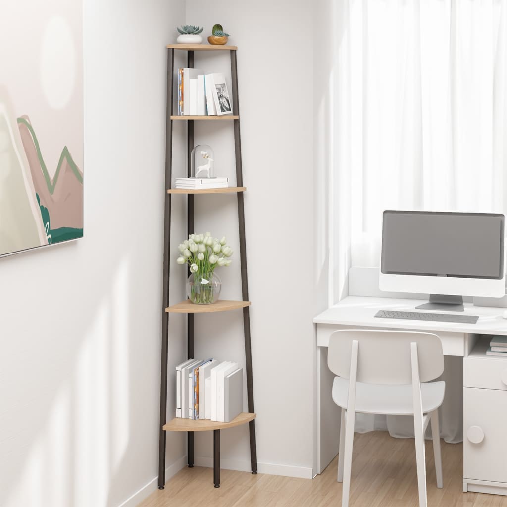 Corner Shelf with 5 Shelves Light Brown and Black 45.5 X 31.5 X 180 Cm