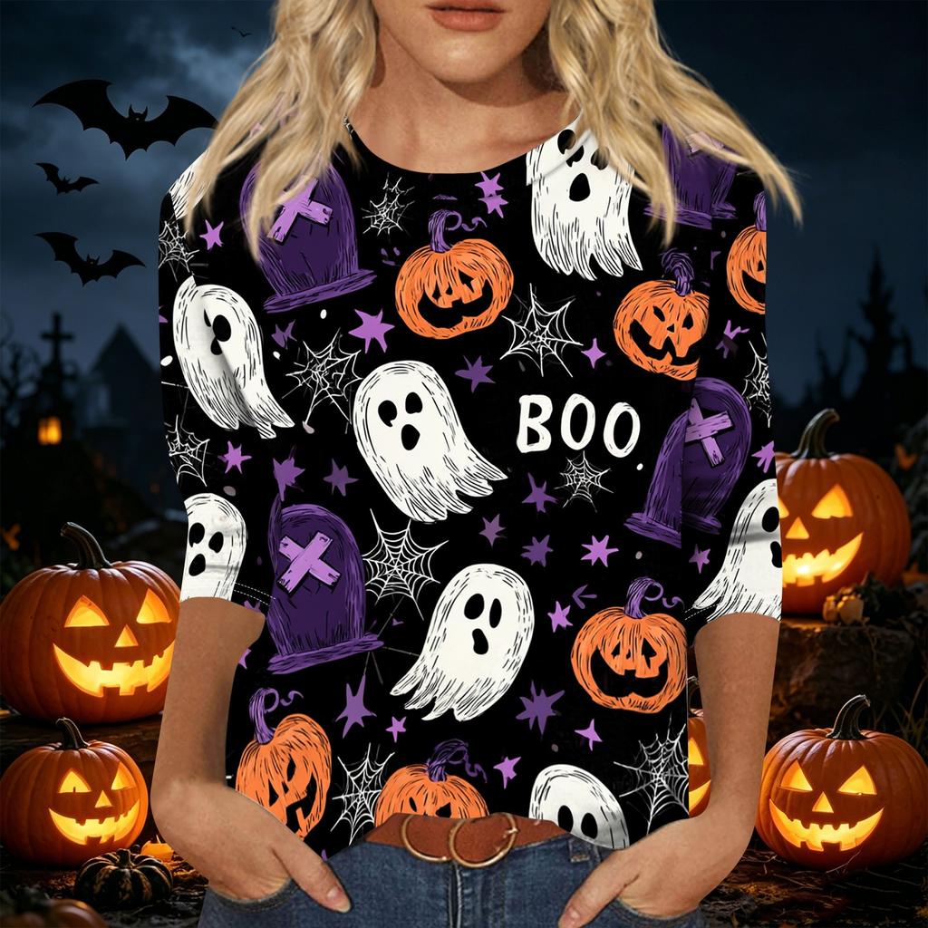 Women Casual Three Quarter Sleeve Halloween Print Round Neck Top Lightweight Comfortable Fit Seasonal Shirt for Everyday Wear