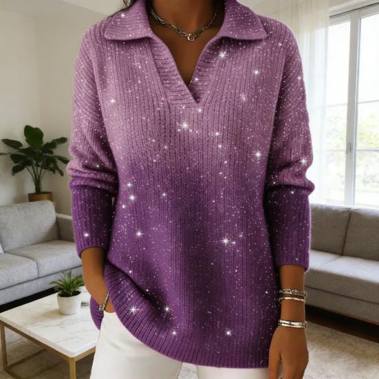 Women Sweater Lapel Long Sleeve Shimmering Sequin Detail Gradient Design Loose Fit Knitting Tops Loose Fit Winter Knitwear