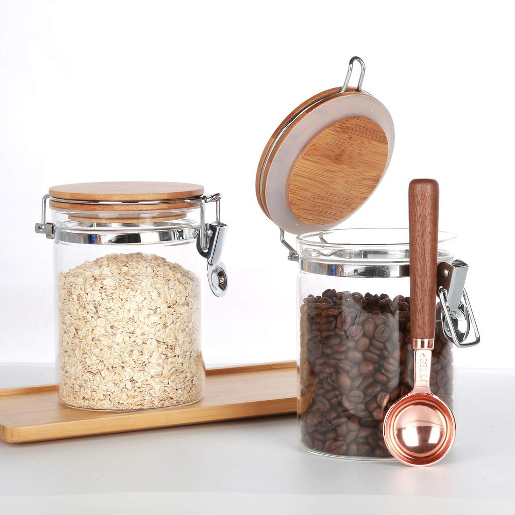 KKC Coffee Bean Storage Jar, 250g Coffee Beans, Powder, Sugar, Tea, Snow Peak Glass Canister, Airtight Storage Container, 800ml, Set of 2 + 1 Spoon