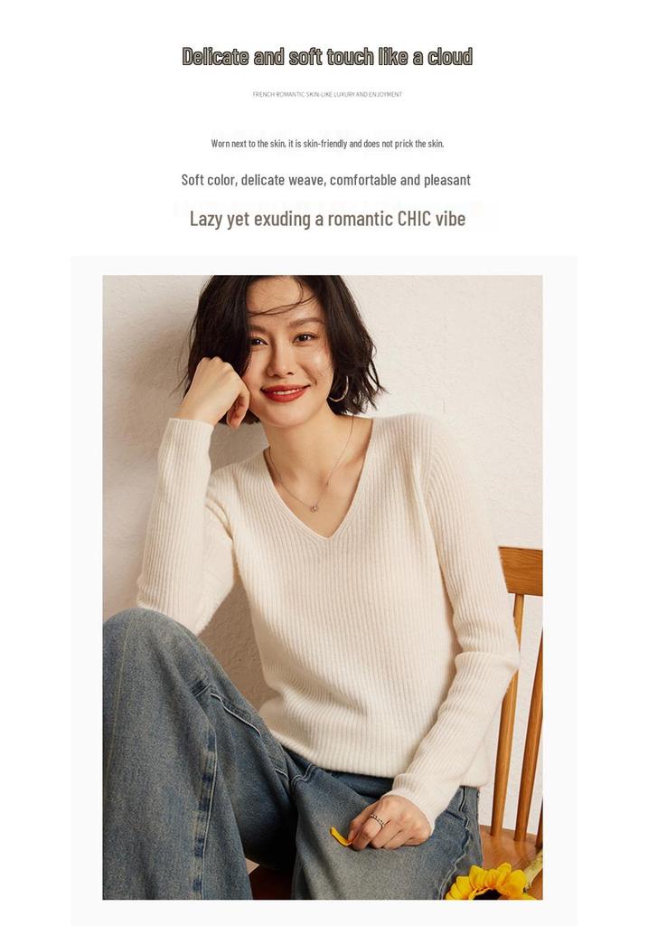 2026 Women's Cashmere V-Neck Slim Fit Sweater - Autumn/Winter, Soft Vertical Stripe Knit, Long Sleeve
