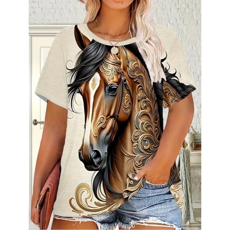 Haut décontracté à manches courtes et col rond avec imprimé animal cheval pour femme