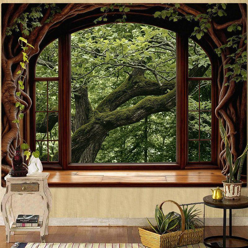 Gothic Arch Magic Forest Window Wall Tapestry Cathedral Frame Enchanted Woodland Castle Starry Sky Mushroom Fantasy Decor