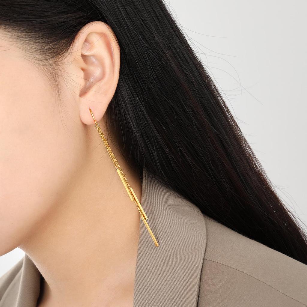 Korean Geometric Tassel Chain Titanium Steel Earrings