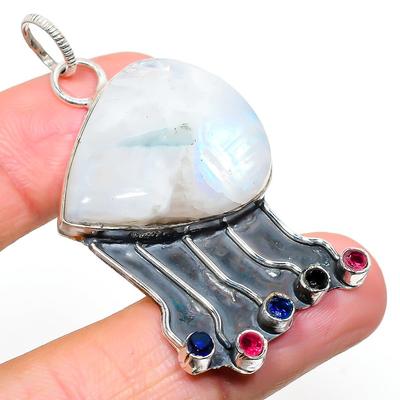 Natural Rainbow Moonstone,Rubillite Stone 925 Sterling Silver Pendant 2.29" Z3v12