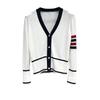TIME BREATHE Women's Early Spring V-neck Red/Black Four-Stripe Cardigan Sweater: Casual, Versatile Knitwear