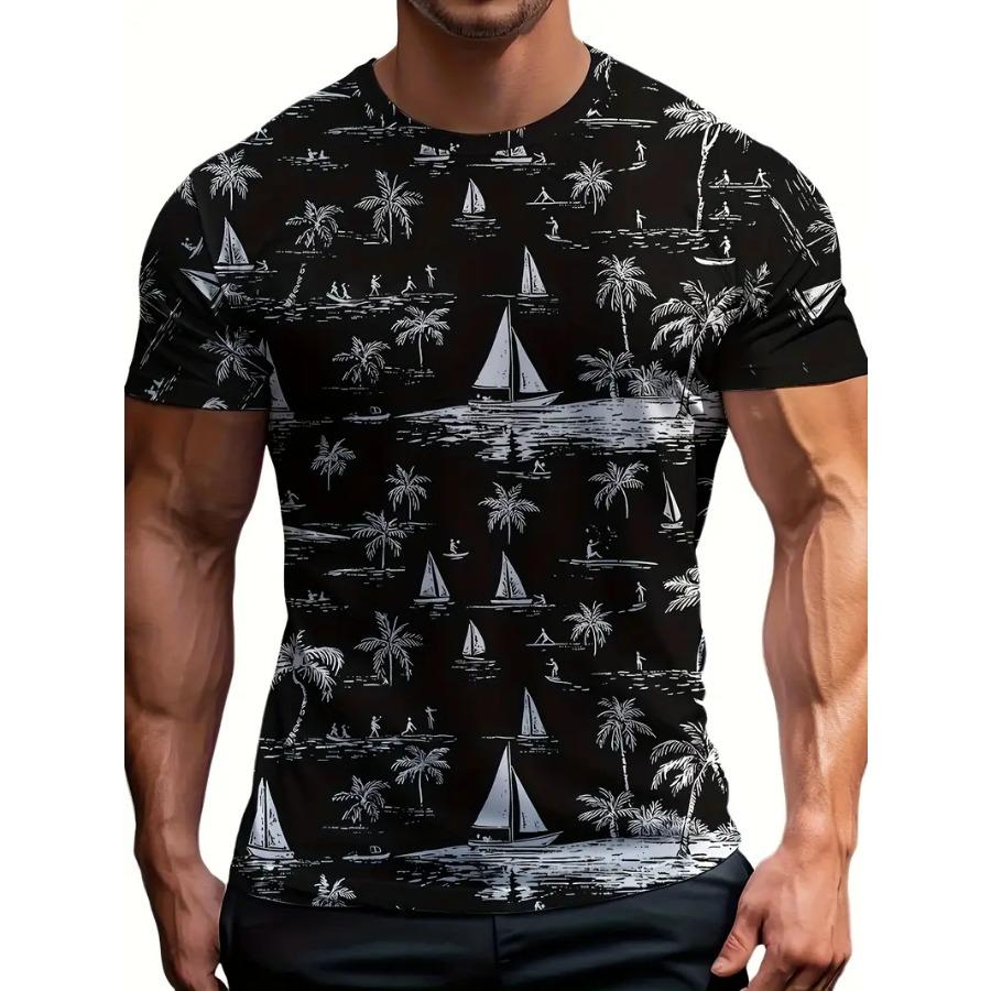 Men Tropical Palm Tree Graphic T-Shirt - Breathable Mesh Fabric, Casual Short Sleeve Crewneck, Summer Style with Sailboat & Coconut Design
