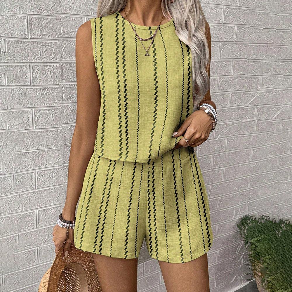 Women's Sleeveless Striped Tank Top and Shorts Set In Beige with Black Stripes | Casual Summer Two Piece Outfit