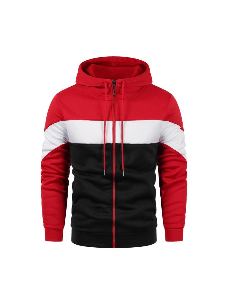 Men's Plus Size Color Block Hooded Zip-Up Cardigan Jacket - European & American Spring/Autumn Casual Wear