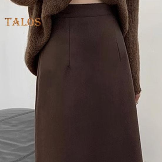 Women A-Line Skirt Elastic High Waist Solid Color Retro Slit Skirt Solid Autumn Winter Slimming Skirt
