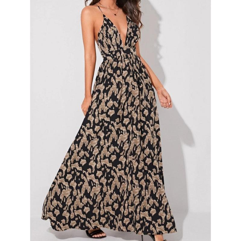

Women Leopard Print Halter Maxi Dress Deep V Neck With High Waist And Open Back S