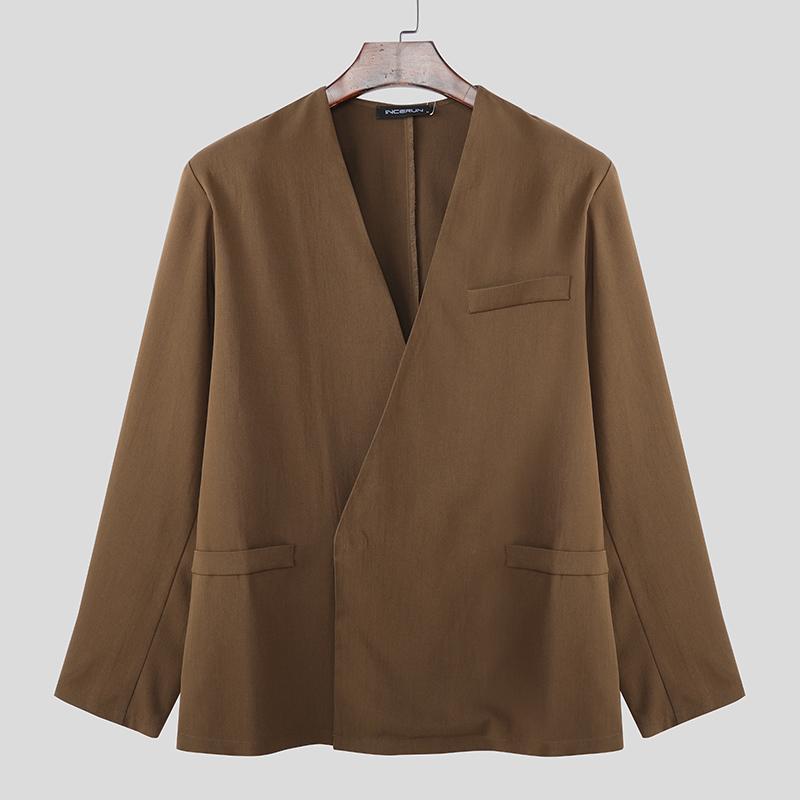 

INCERUN Men Collarless Long Sleeve One Button Loose Thin Blazer Coats 4XL коричневый