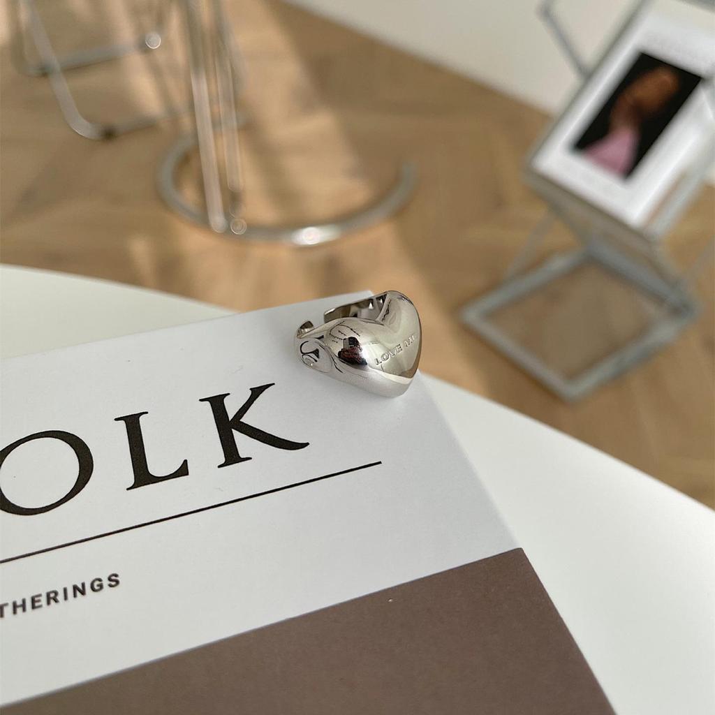 Korean 3D Heart Ring: Women's Retro Wide Band, Fashionable English Letter Open Finger Ring, Hip-Hop Style Index Finger Ring.