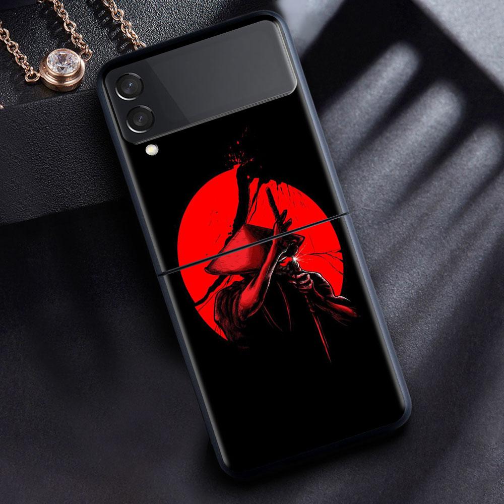 Case For Samsung Galaxy Z Flip 3 4 5G Black Hard PC Phone Housing Z Flip4 Segmented Cover Landscape Ink Painting Japan Samurai
