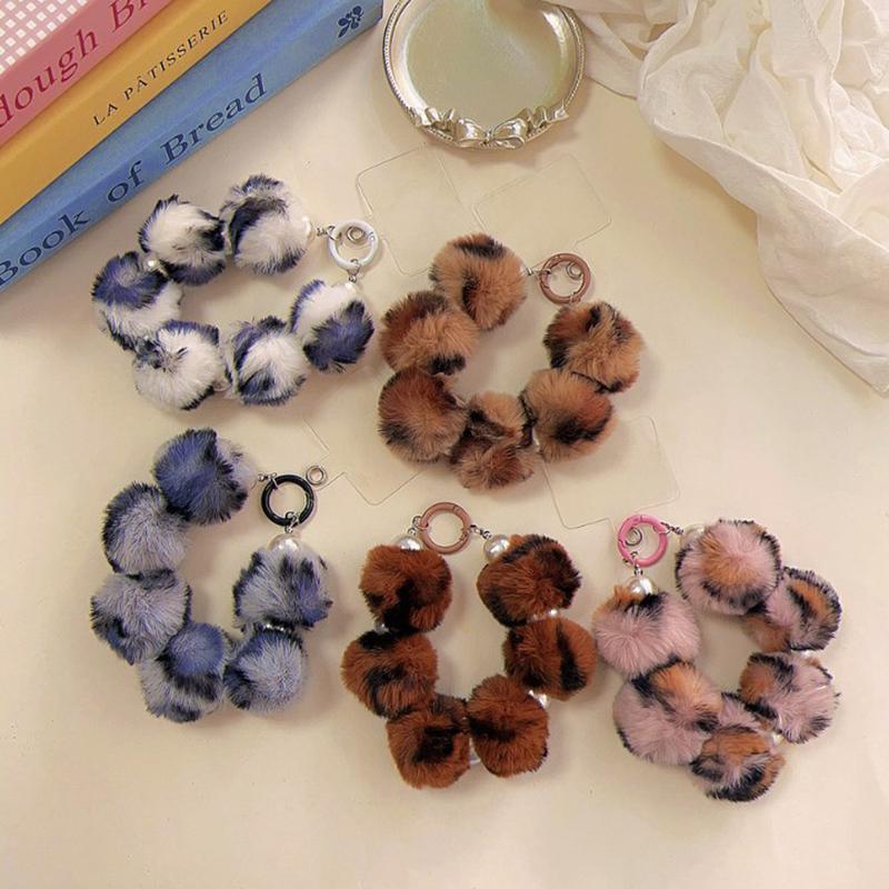 Cute Hairy Leopard Print Mobile Phone Lanyard Wrist Strap Lady Hand-Held Chain Short Anti-Lost Cell Phone Keychain Pendant
