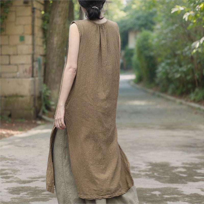 Johnature Women Vintage Sleeveless Dress O-Neck Summer Cloths Solid Color A-Line Dresses