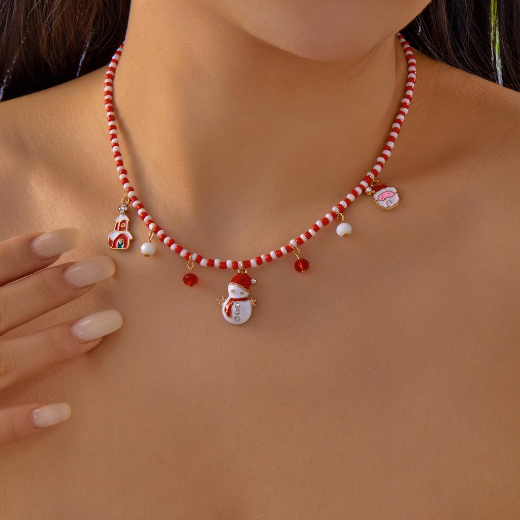 Christmas Necklaces for Women Girls Handmade Rice Beads X'mas Tree Santa Claus Snowman Gift Necklace Pendant New Year Jewelry