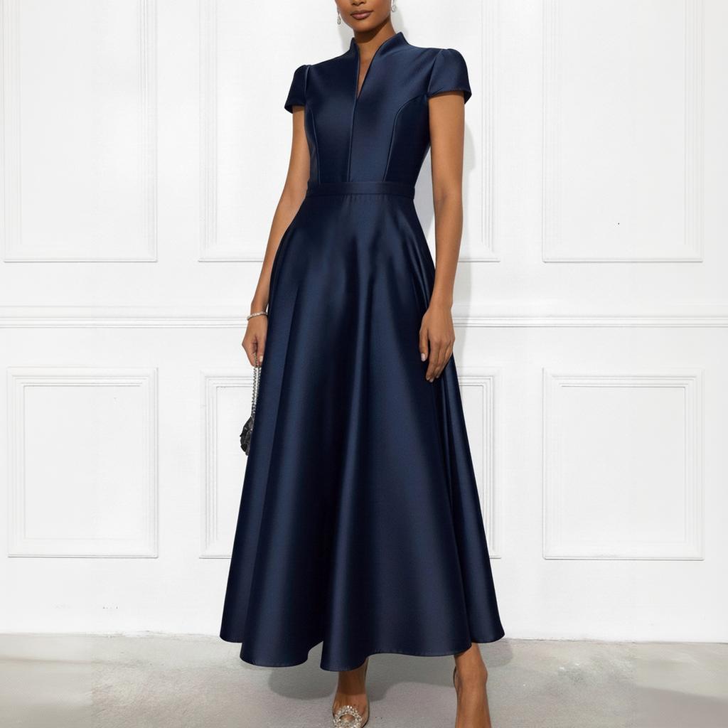 Women's V Neck Short Sleeve Dress Satin Fabric Waist Fitted Flared Long Skirt Evening Formal Gown