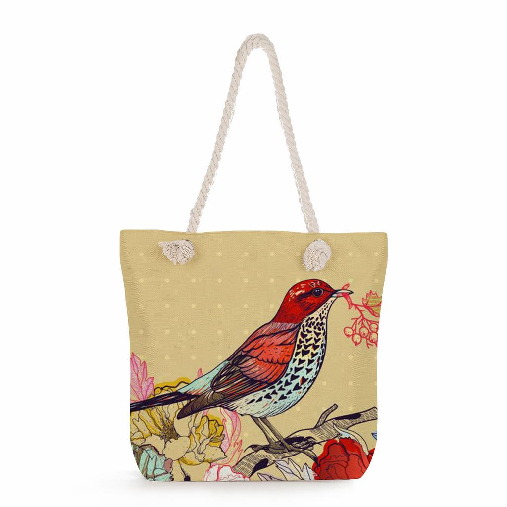 Bird print thick rope single-shoulder beach bag 7251 CLE