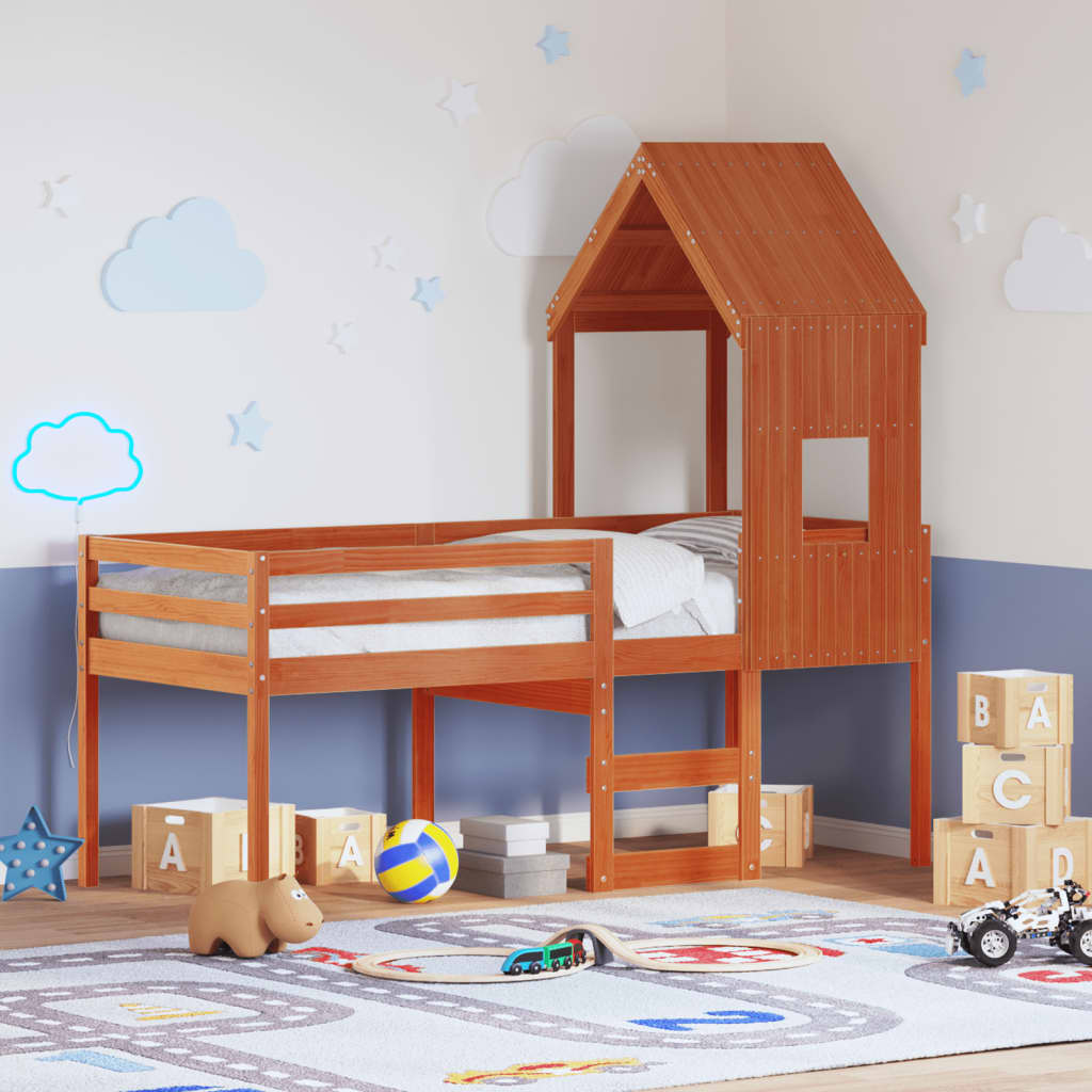 High Bed with Roof Wax Brown 90x200 cm Solid Pine Wood