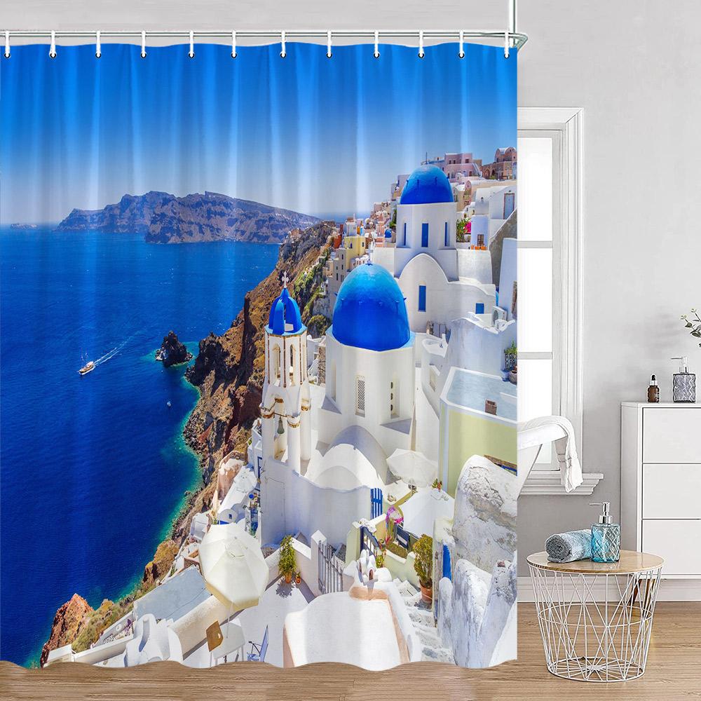 Greek Town Shower Curtain Greek Street View Sea View Blue Door Greece Scenery Bathroom Curtain Flower Plant Bath Decor with Hook