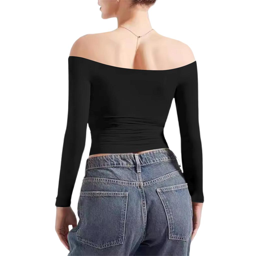 Damen Farbe Sexy Schulterfrei Langarm Figurbetontes Oberteil