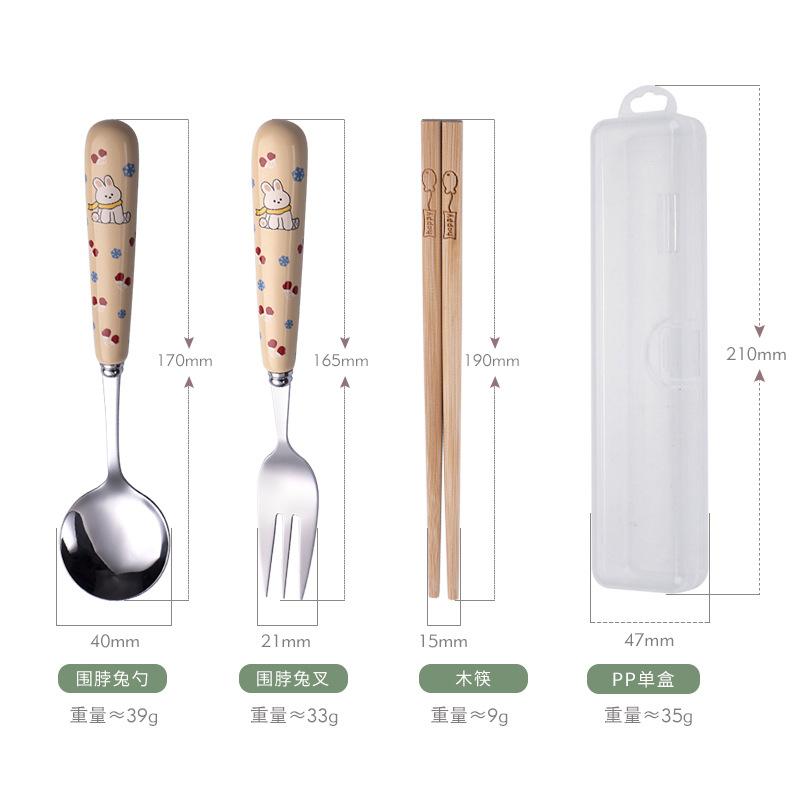 New stainless steel fork, spoon and chopsticks ceramic handle cartoon three-piece set student travel spoon chopsticks portable tableware set