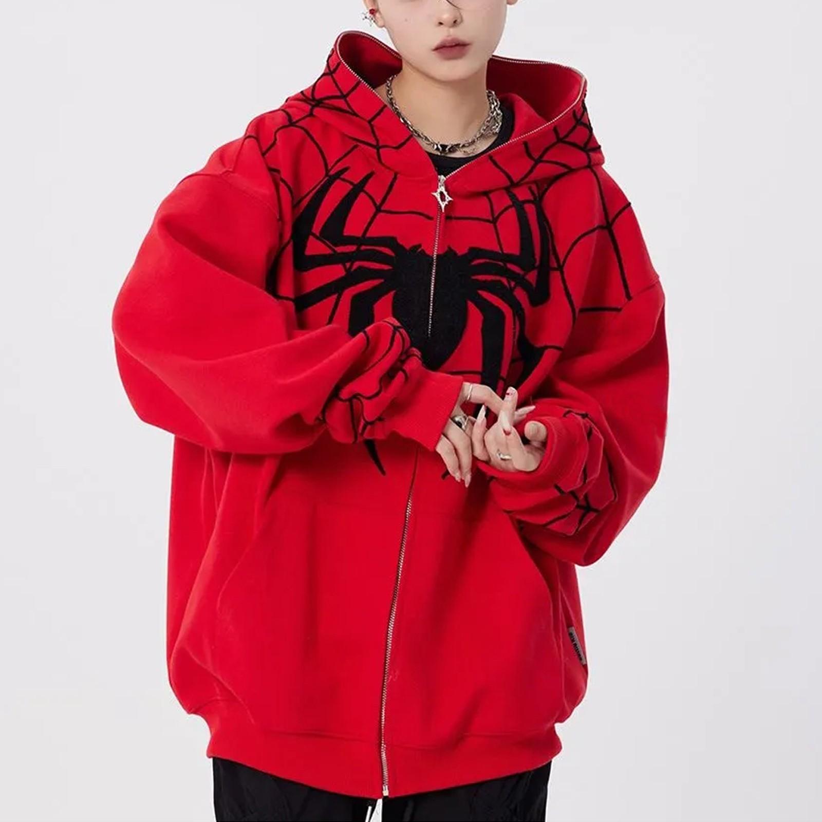 

Готическая темная куртка с капюшоном и принтом паука, свободная мужская и женская куртка-свитер с полной цепочкой M красный
