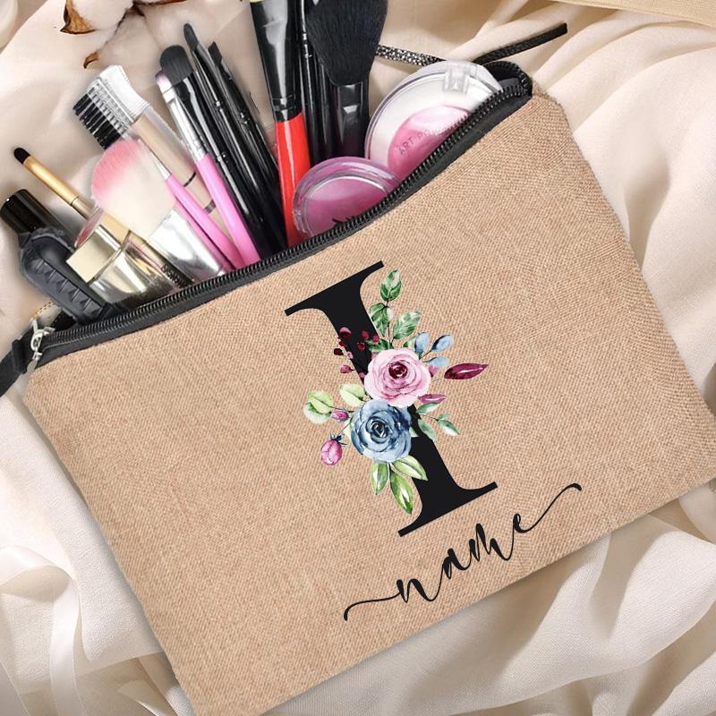 Linen Makeup Bag Customized Personalized Name Cosmetic Bag Bridesmaid Clutch Outdoor Travel Beauty  Bachelor Party Lipstick Bag