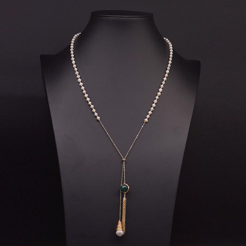 Handmade Freshwater Pearl Pendant Necklace Women Vintage Wrap Wire Sweater Chain Boho Chic Jewelry