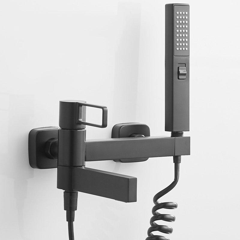 Schwarz/Chrom Messing Badewannen-Duscharmatur Set Handbrause Wandmontage Duscharmatur Hohlgriff Warm- und Kaltwasser-Mischbatterie Wasserfall