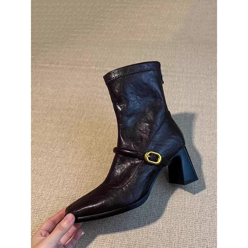 Square Head High Heel Skinny Boots Women's French Coarse Heel Retro Back Zipper Short Boots Elastic Fashion Boots