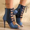 Fashion Patent Leather Mixed Denim Ankle Boots Woman High Heel Cut-Out Design Lace-up Canvas Booties Ladies Latin Tango Salsa Dance Shoe