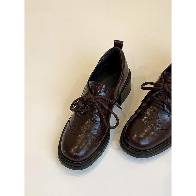 Washed cowhide~ British retro leather round head lace-up loafers commuting versatile thick heel small leather shoes women's single shoes