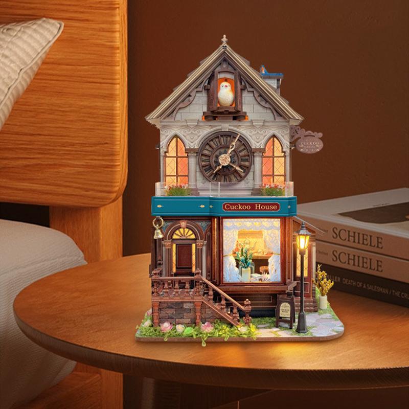 Retro Cuckoo House DIY Wooden House Cottage Figurines Miniatures Kits With LED Lights Home Decoration For Adult Handmade Gifts