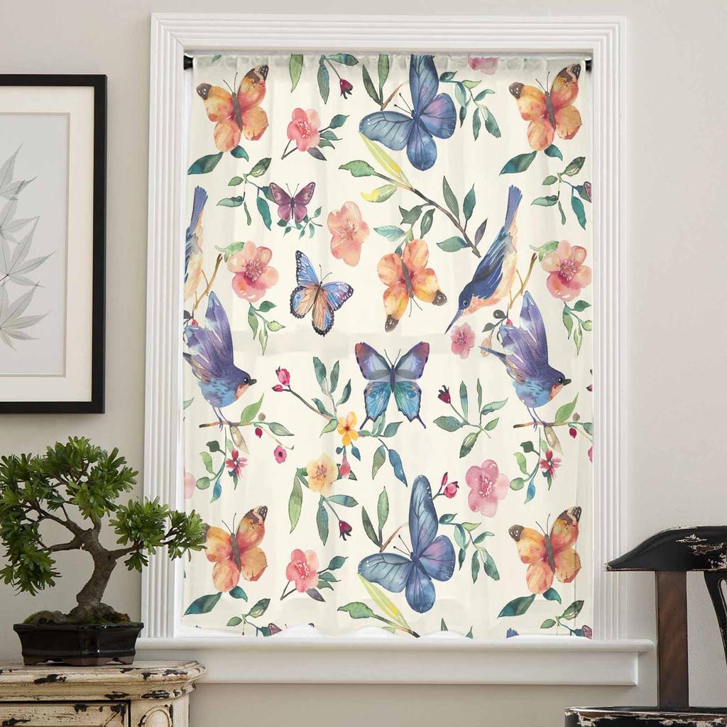 Flowers Birds Watercolors Leaves Sheer Curtains for Kids Bedroom Living Room Voile Window Curtains Tulle Drapes