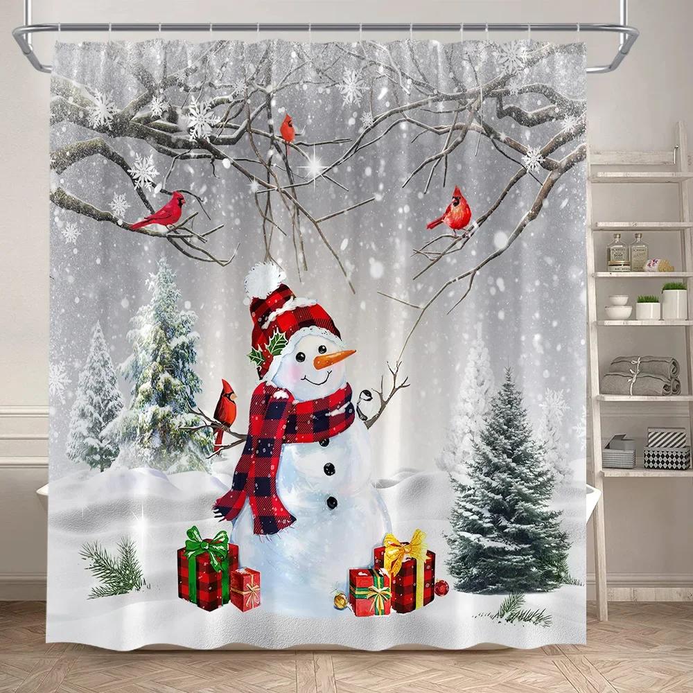 Winter Weihnachten Duschvorhang Set Niedlicher Schneemann Rote Vögel Geschenke Wald Zeder Neujahr Xmas Badezimmer Deko Duschvorleger Toilettensitzbezug