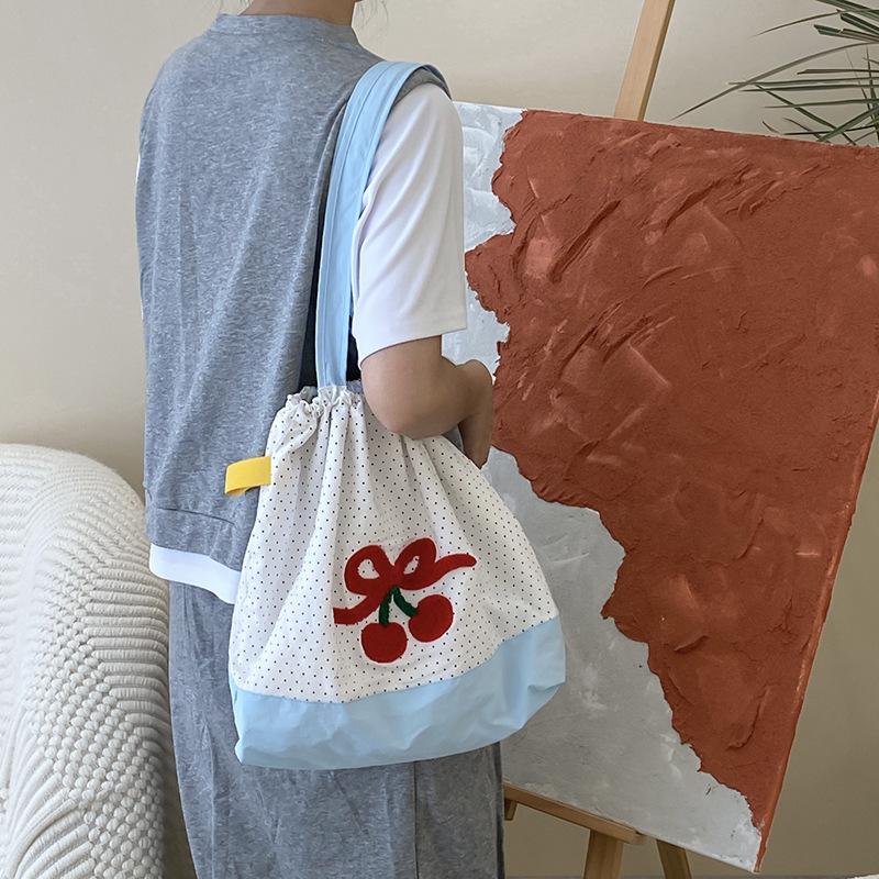 Embroidery Cherry Women's Shoulder Bag Retro Dot Female Drawstring Handbags Large Capacity Ladies Foldable Tote Shopping Bags