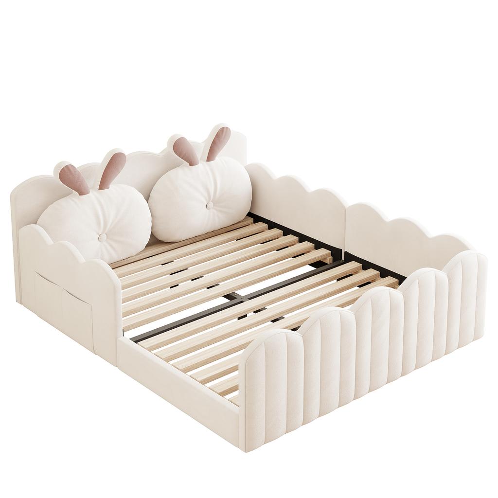 140x200 Upholstered Platform Bed with Rabbit-Shaped Cushion, Beige